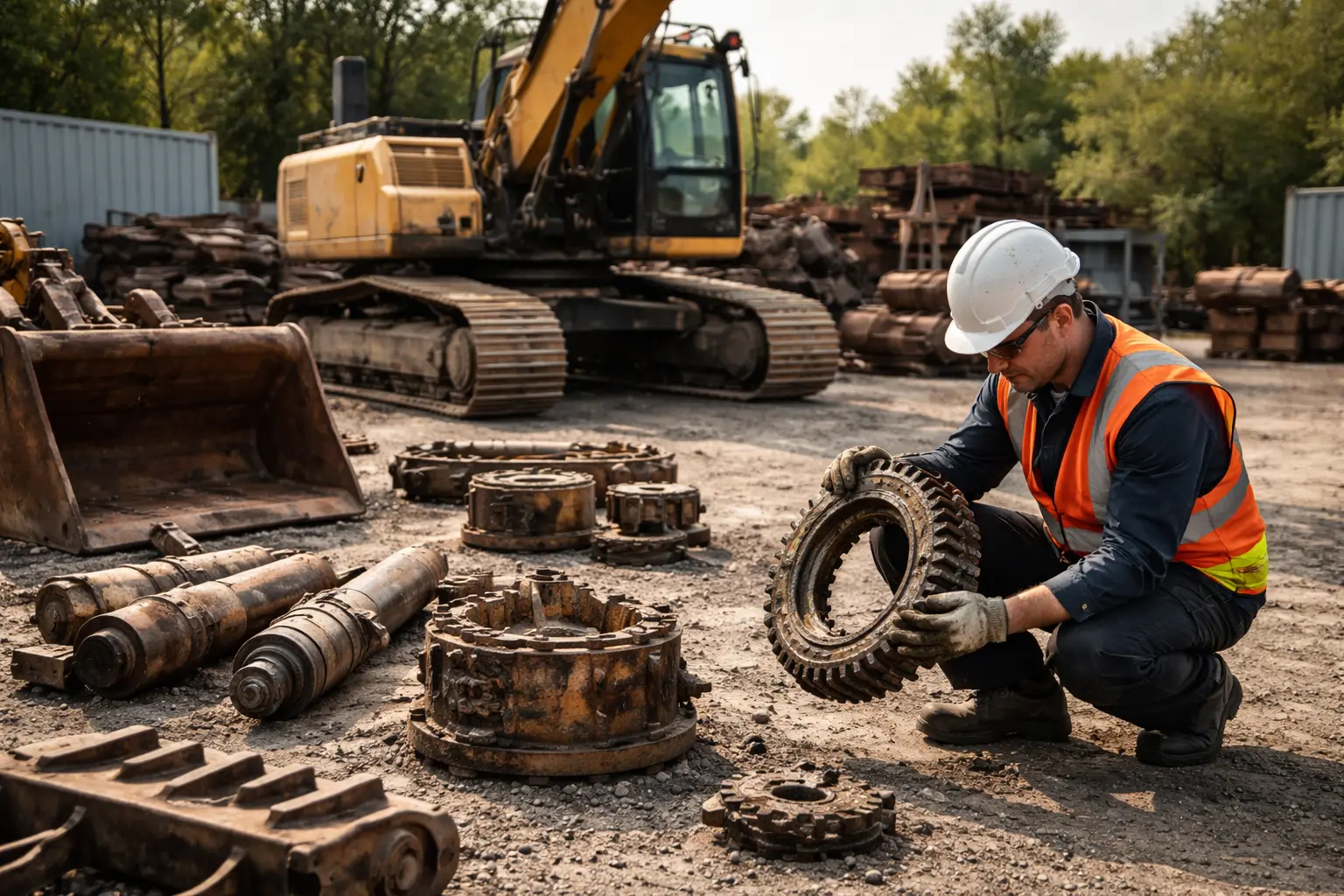 Person inspecting used excavator parts in an outdoor industrial setting