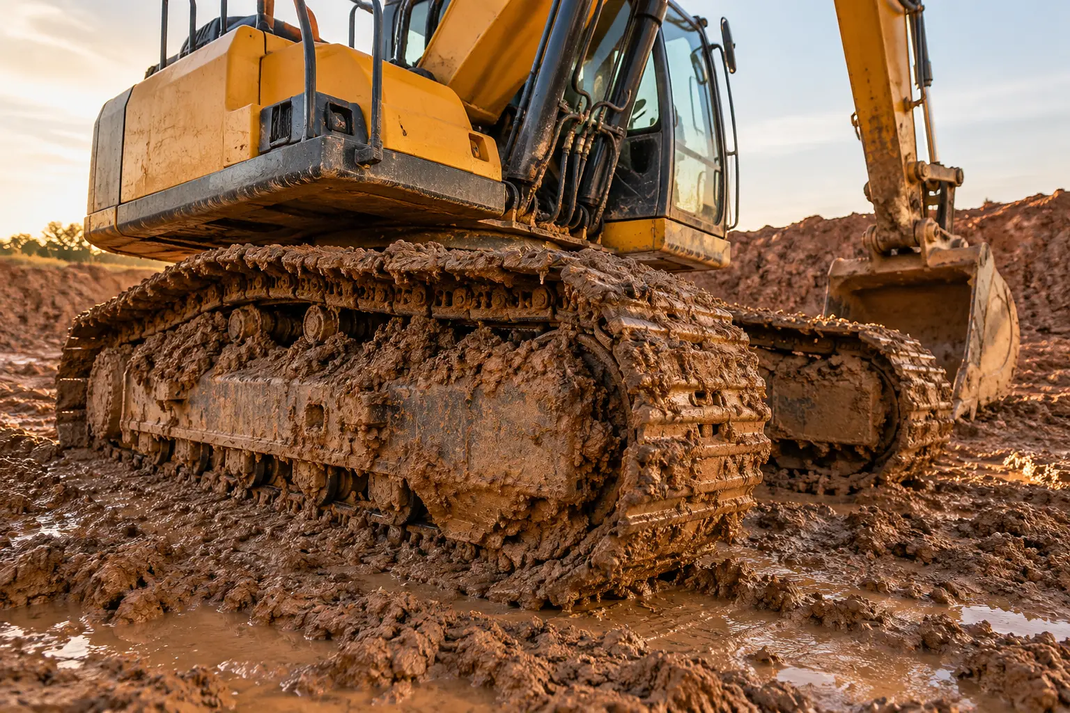 Mud-packed excavator undercarriage