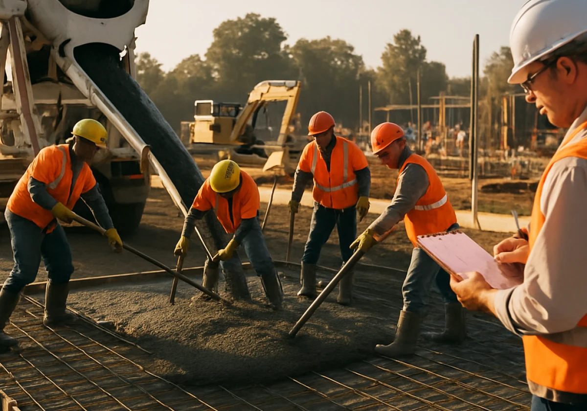 Concrete foundation pour at a commercial construction site