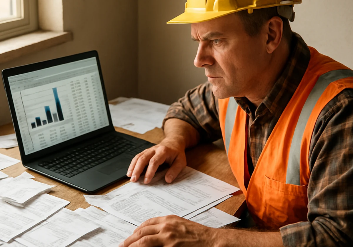 Construction manager sitting at a cluttered desk covered
