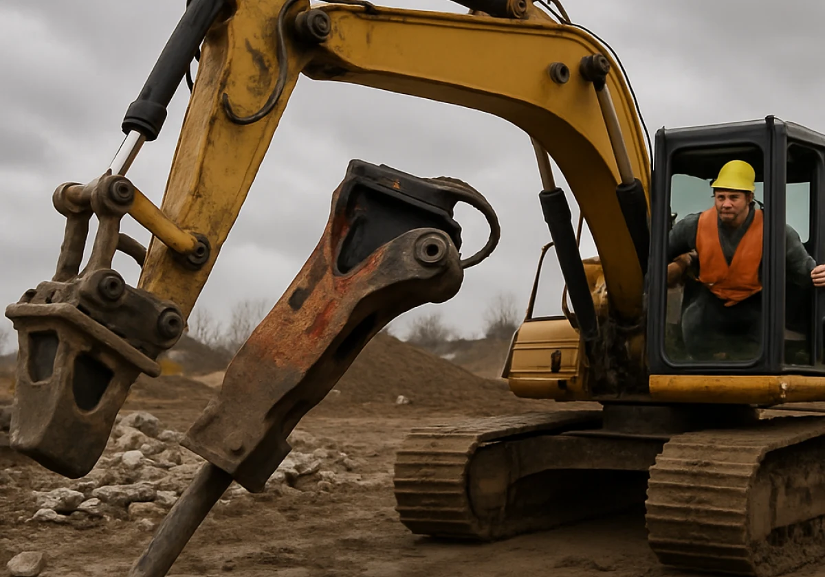 Construction site mid-morning where an excavator's jackhammer