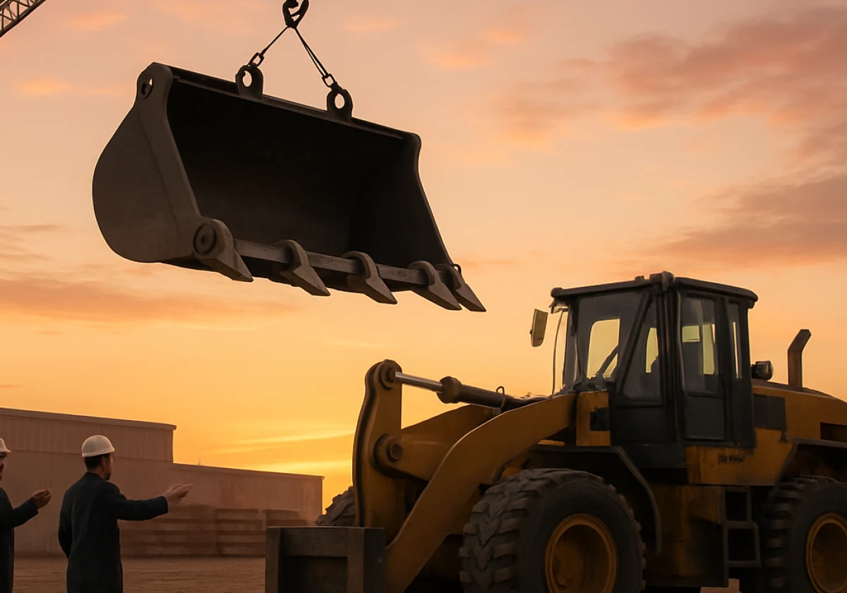 Construction yard at dawn where a front-end loader sits below a crane