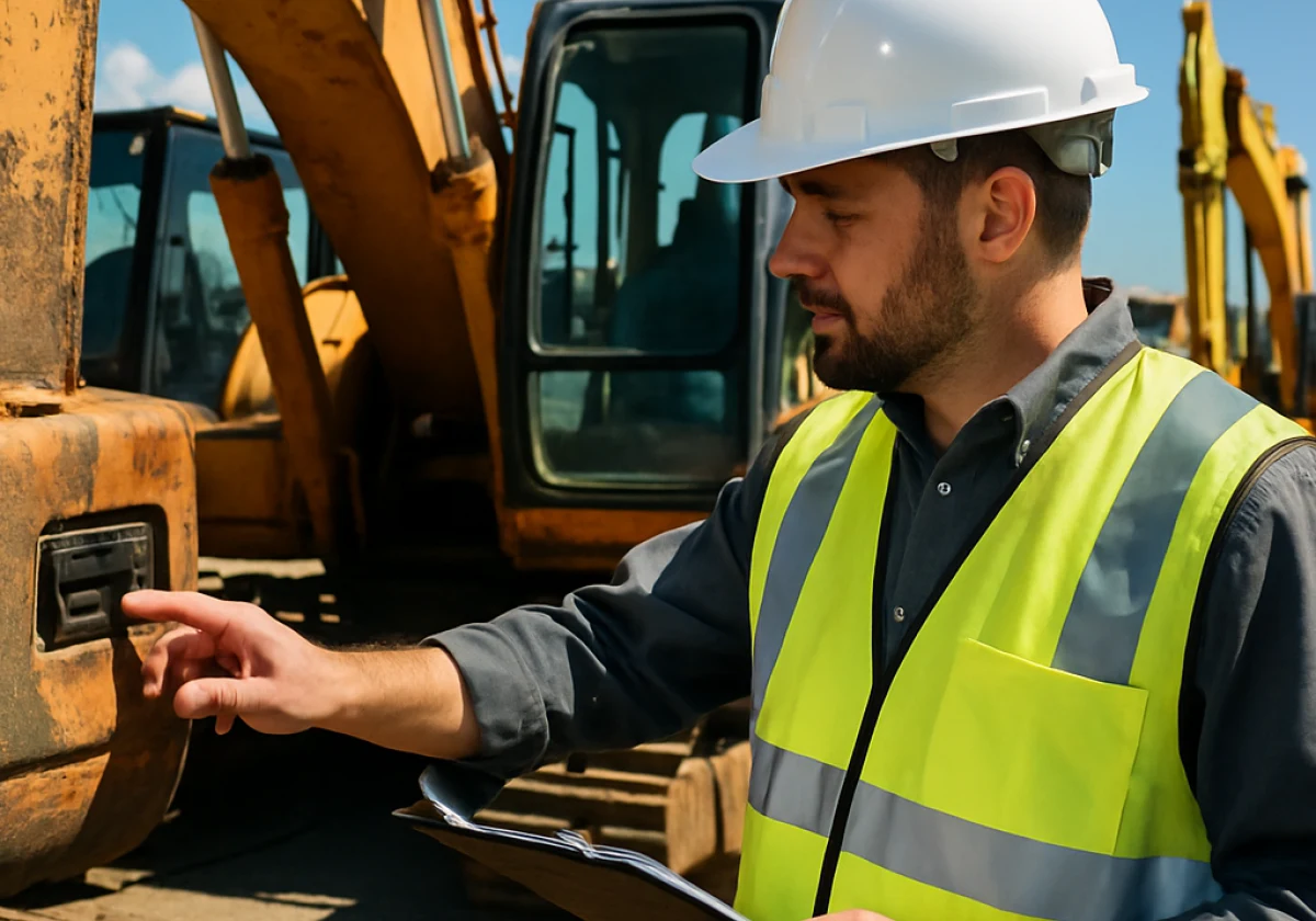 Contractor in a hard hat and safety vest inspecting a used excavator