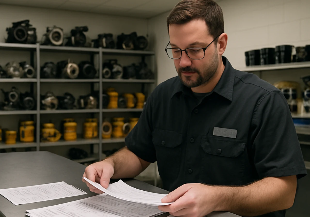 Parts technician behind a counter in a dealer's service area