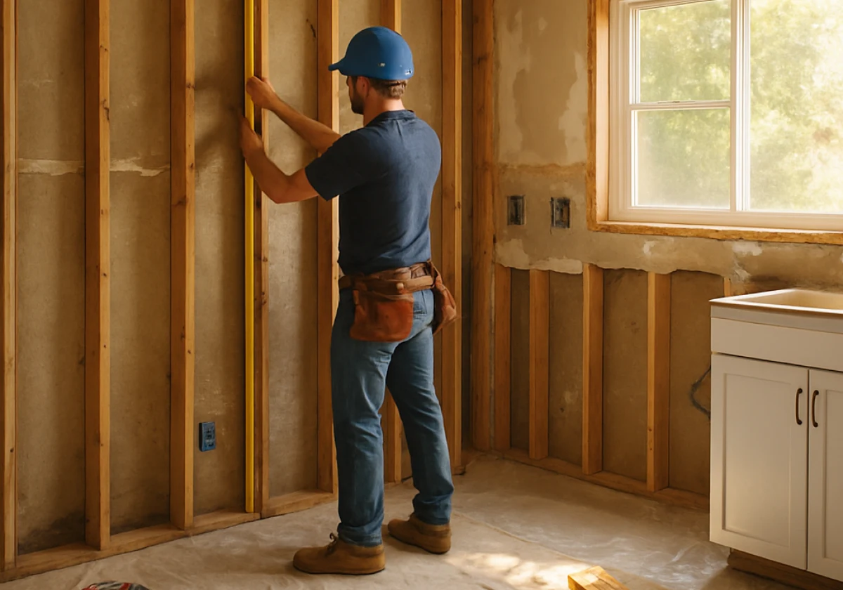 Residential kitchen renovation with exposed wood stud framing