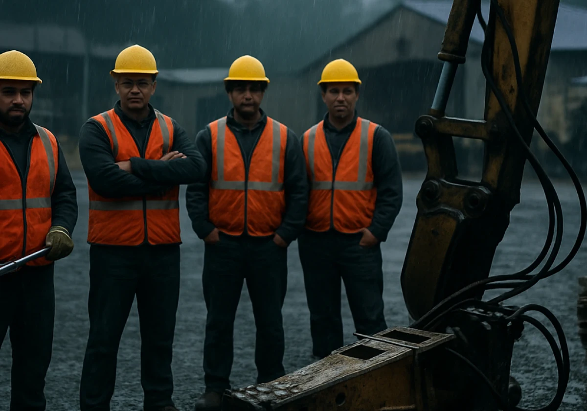 Small demolition crew of four workers in hard hats and safety vests