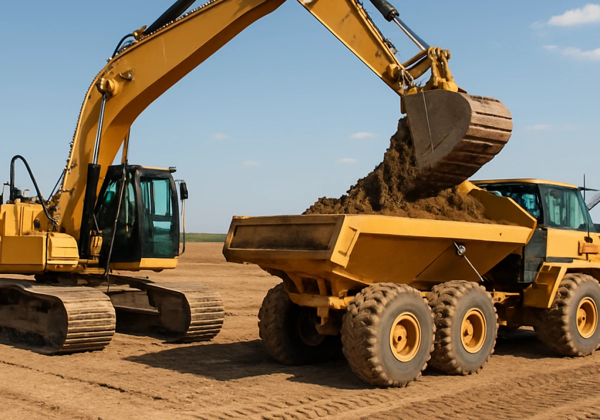 Yellow excavator with its bucket full of earth